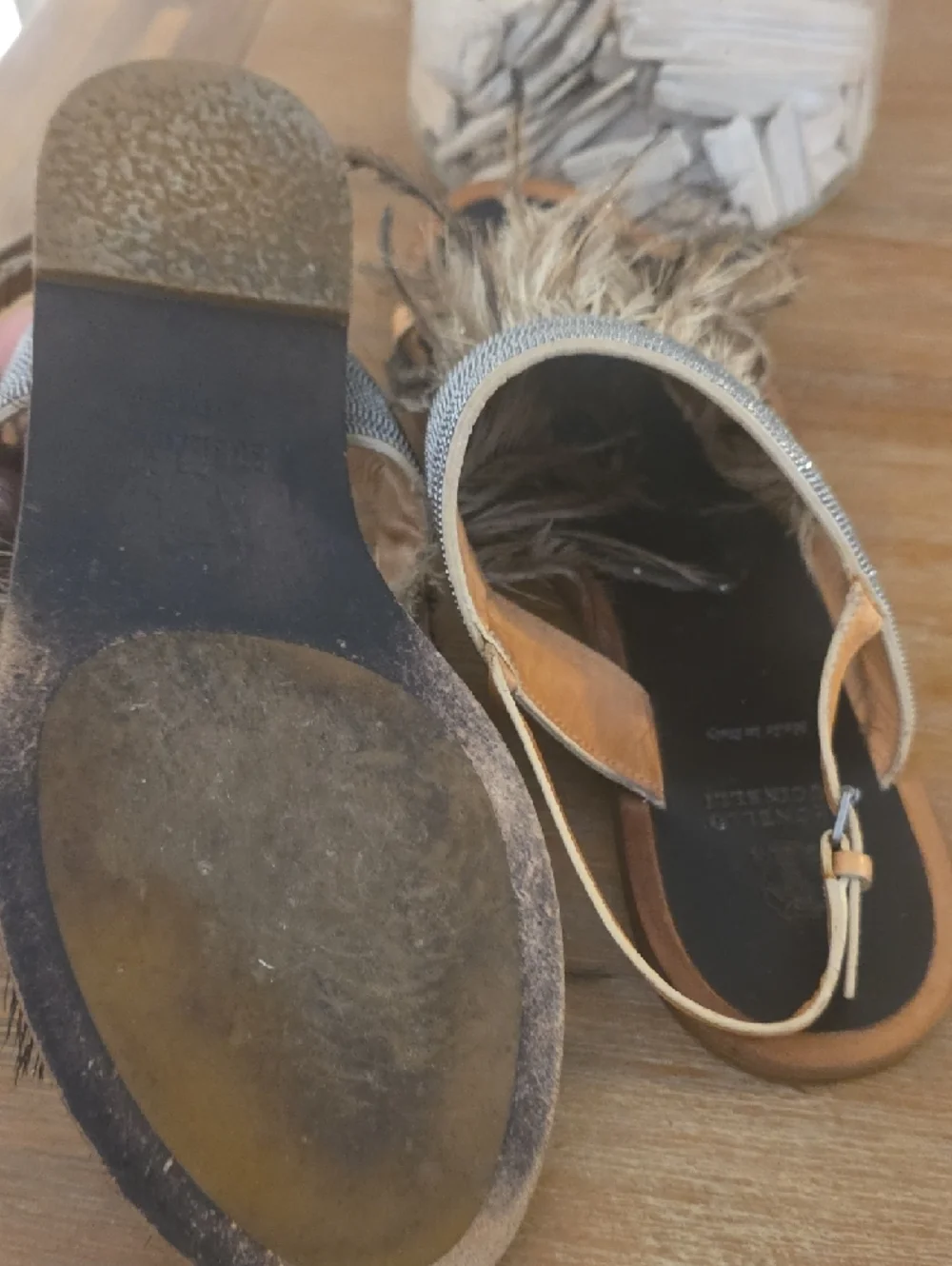 Brunello Cucinelli Ostrich Feather-Trim Slide Sandals in Brown and Black - Picture 6 of 8